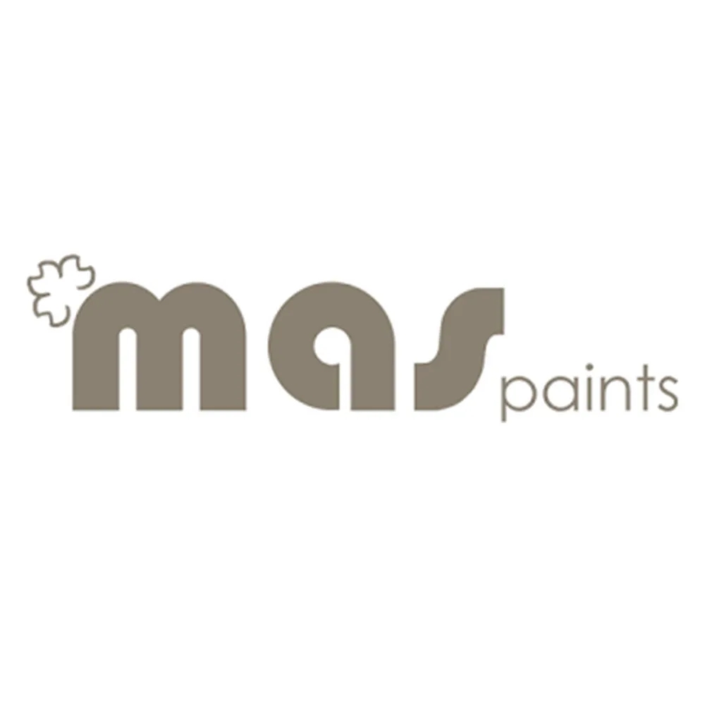 Logo of MAS Paints with stylized letters and a small floral-like symbol.