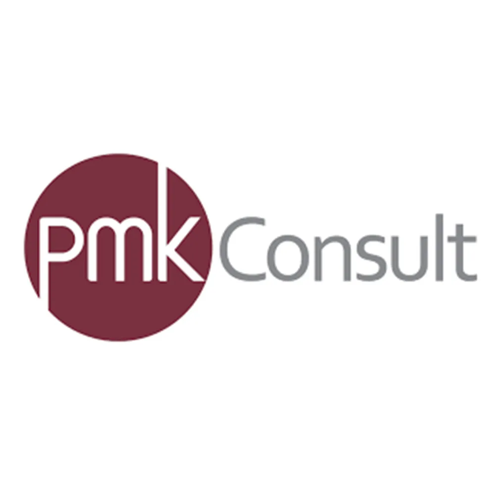 PMK Consult logo with white letters inside a maroon circle and gray text to the right.