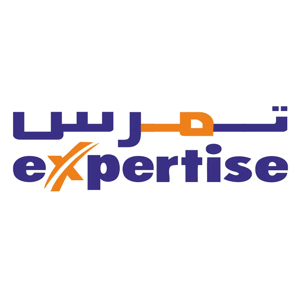 The word expertise in blue with stylized orange X, and Arabic text in blue and orange above it.
