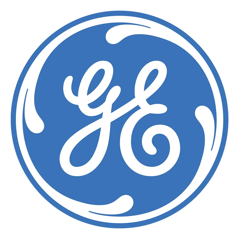 General Electric GE logo in white script inside a blue circular shape.
