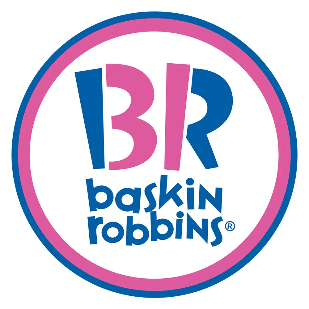 Baskin Robbins logo with stylized BR letters in pink and blue inside a circular border.