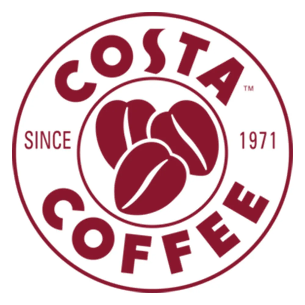 Costa Coffee logo with three coffee beans and text 'Since 1971' in red circle.