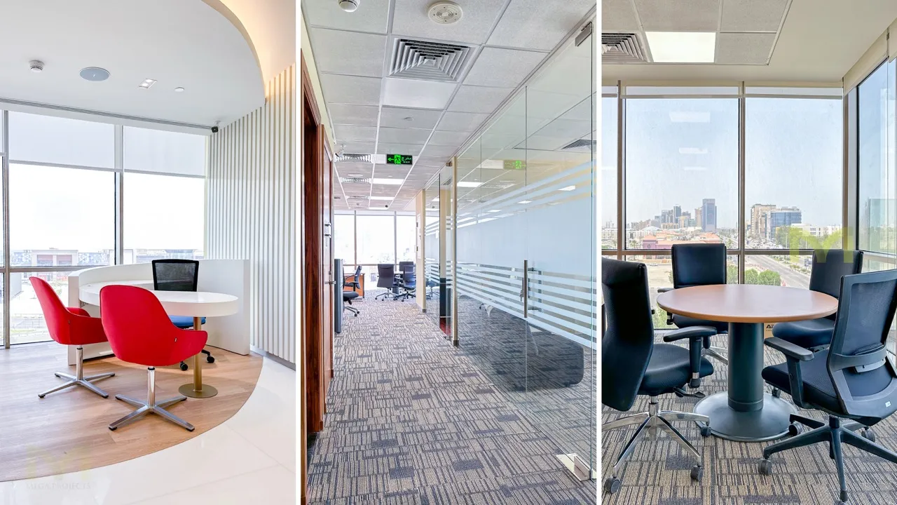 Three office areas: red chairs by white round table, glass corridor, round table with black chairs by window.