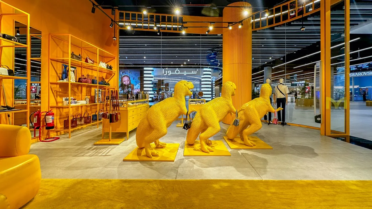 Yellow dinosaur sculptures holding handbags in a brightly lit retail store with yellow decor.