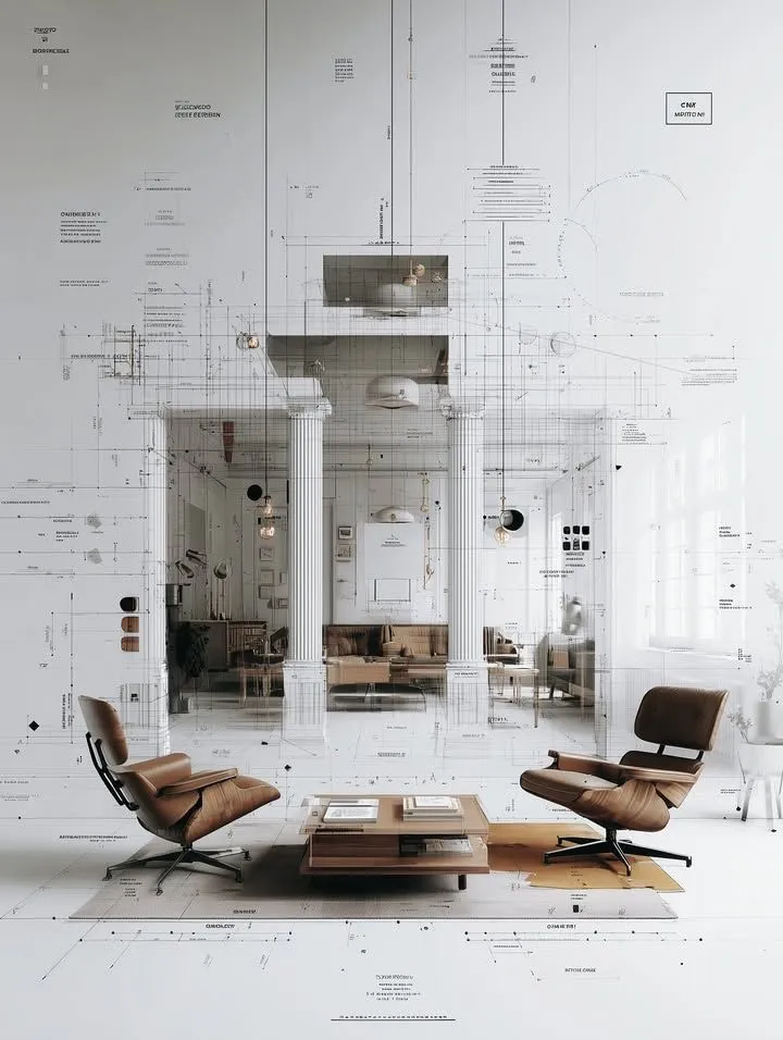 Modern living room with two brown chairs, a wooden coffee table, white columns, and transparent design overlay.