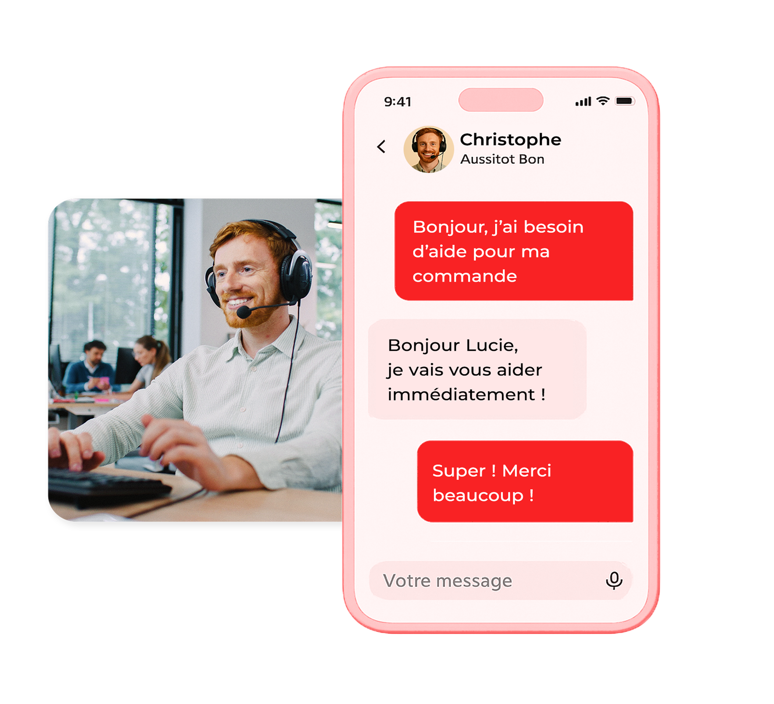 Un agent du service client portant un casque souriant devant un ordinateur, avec à côté un écran de téléphone affichant une conversation de chat en français pour une aide à la commande.