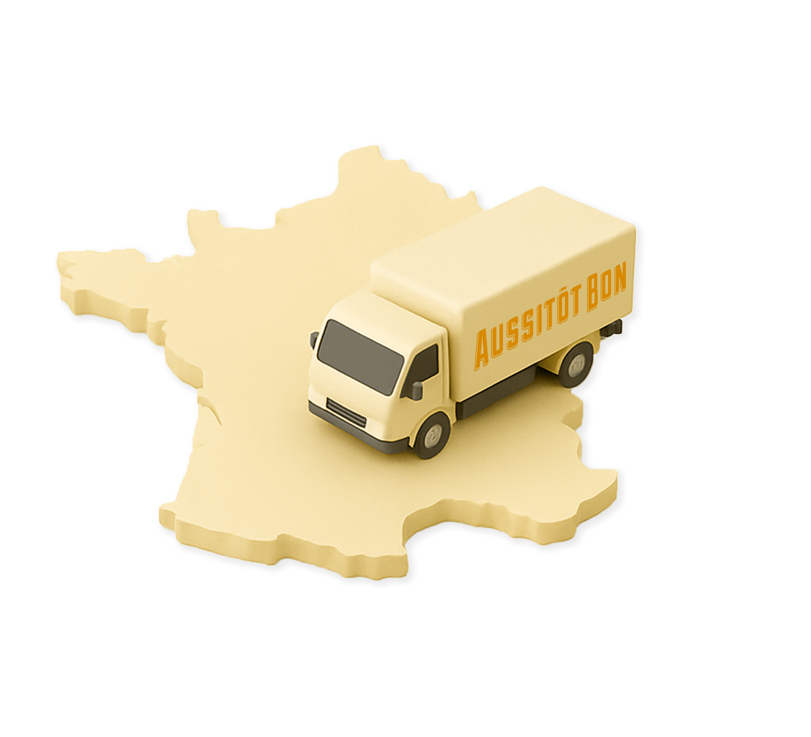 Camion beige avec le texte « Aussitôt Bon » posé sur une carte en relief de la France.