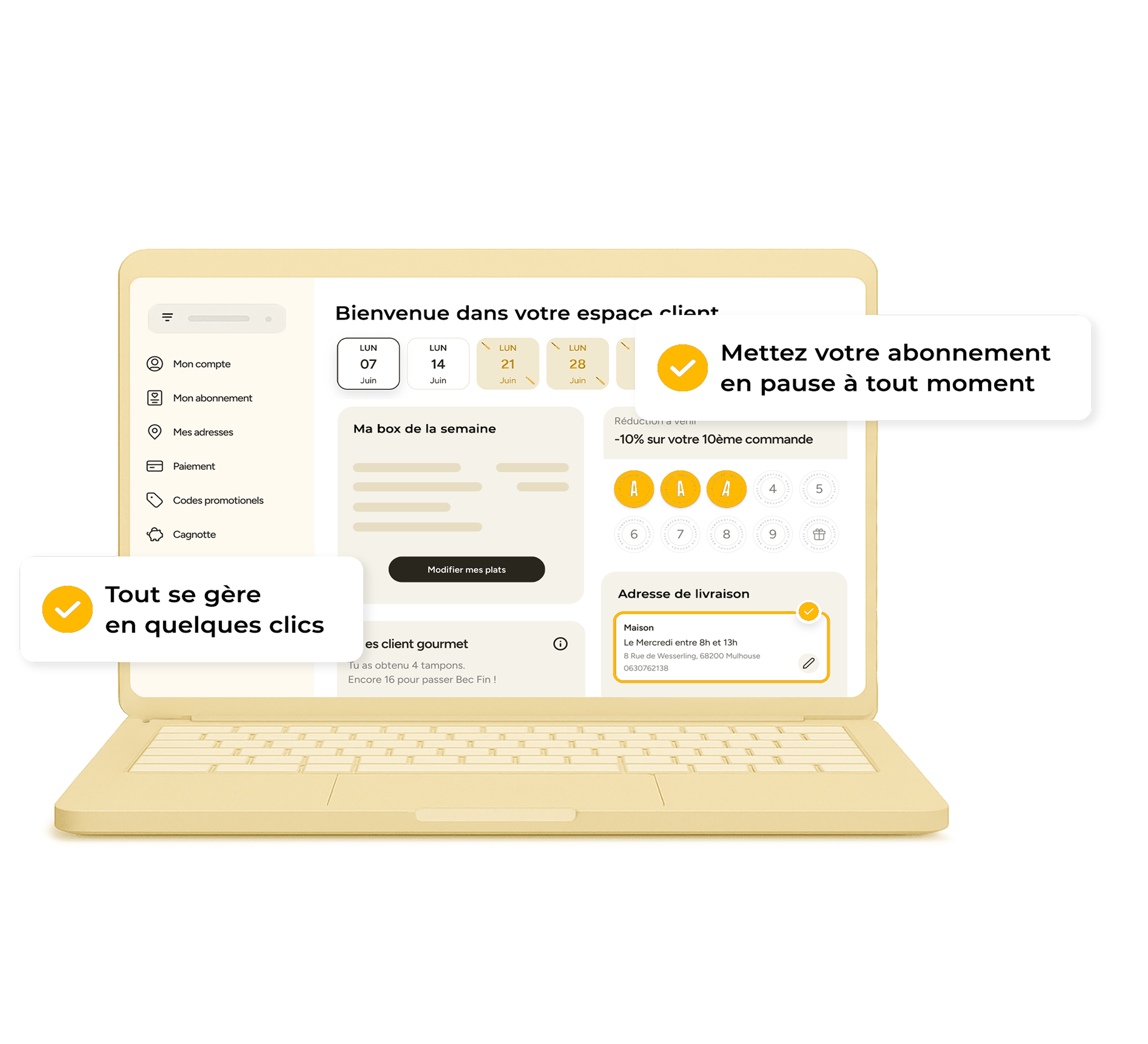Interface d'espace client sur un ordinateur portable montrant la gestion facile des abonnements, modification des plats et adresse de livraison.