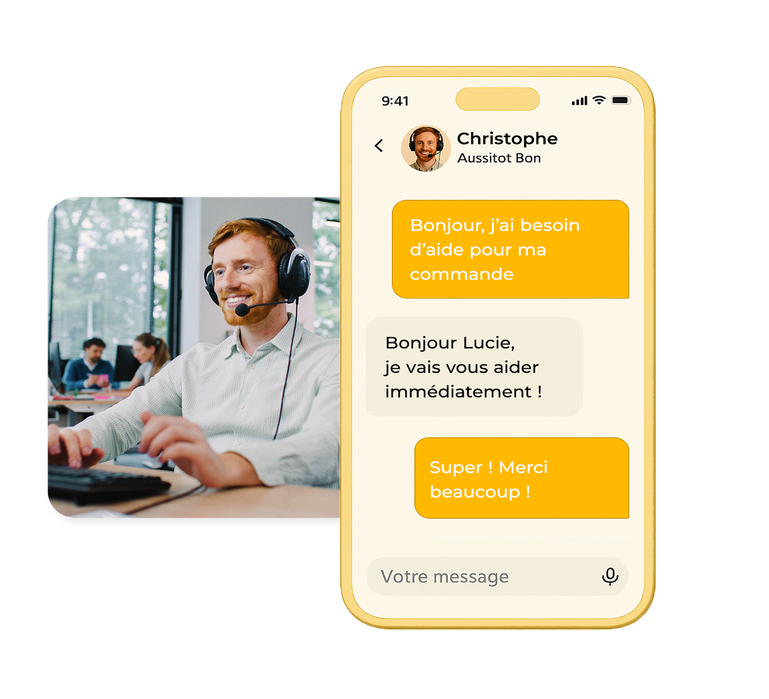 Un homme avec un casque micro souriant devant un ordinateur, et un écran de smartphone affichant une conversation d'assistance client en français.