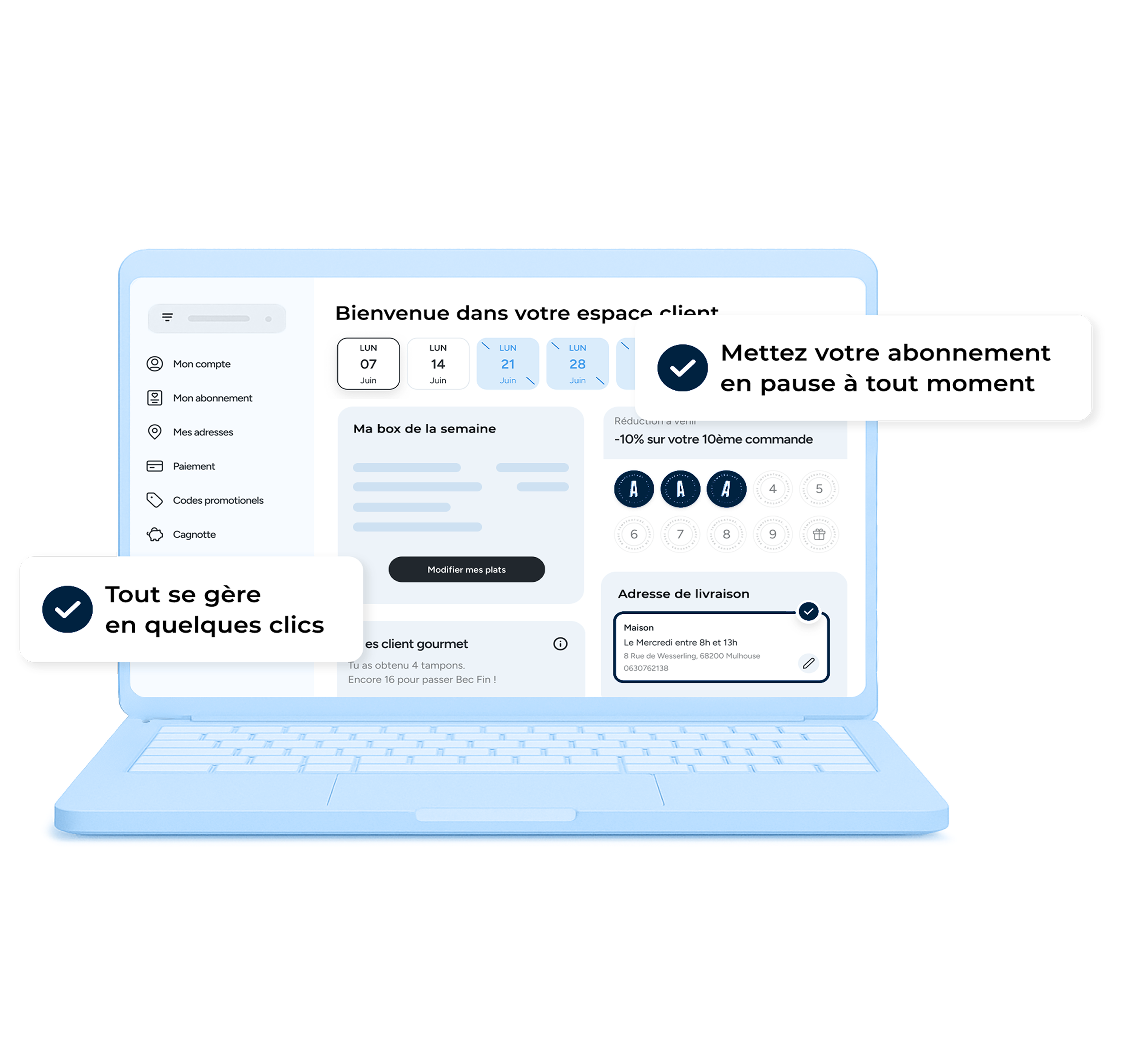 Interface client affichée sur un ordinateur portable avec options de gestion d'abonnement, dates de livraison, modification des plats, et adresse de livraison.