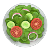 Bol de salade avec des feuilles de laitue, des rondelles de concombre, des tranches de tomate et des anneaux d'oignon rouge.