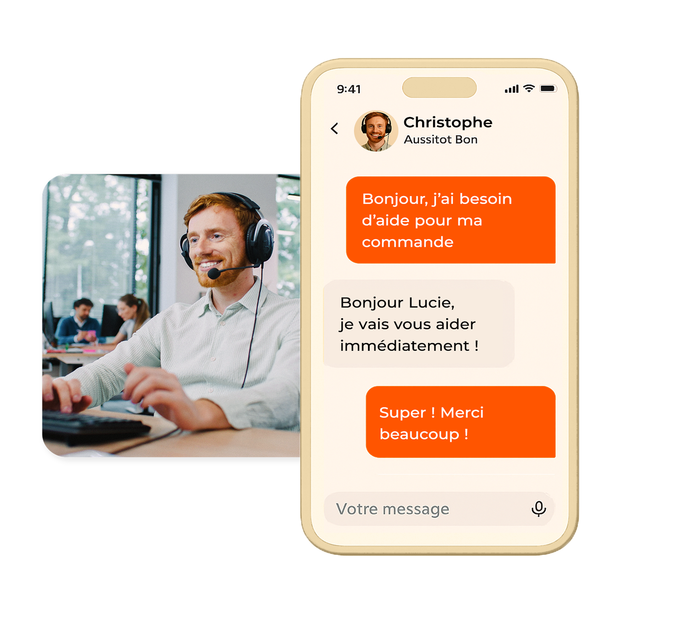 Homme roux avec casque micro souriant devant un ordinateur à gauche, à droite écran de smartphone affichant une conversation en français d'aide client entre Christophe et Lucie.