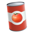Canette de conserve rouge avec une étiquette blanche et une image de tomate.