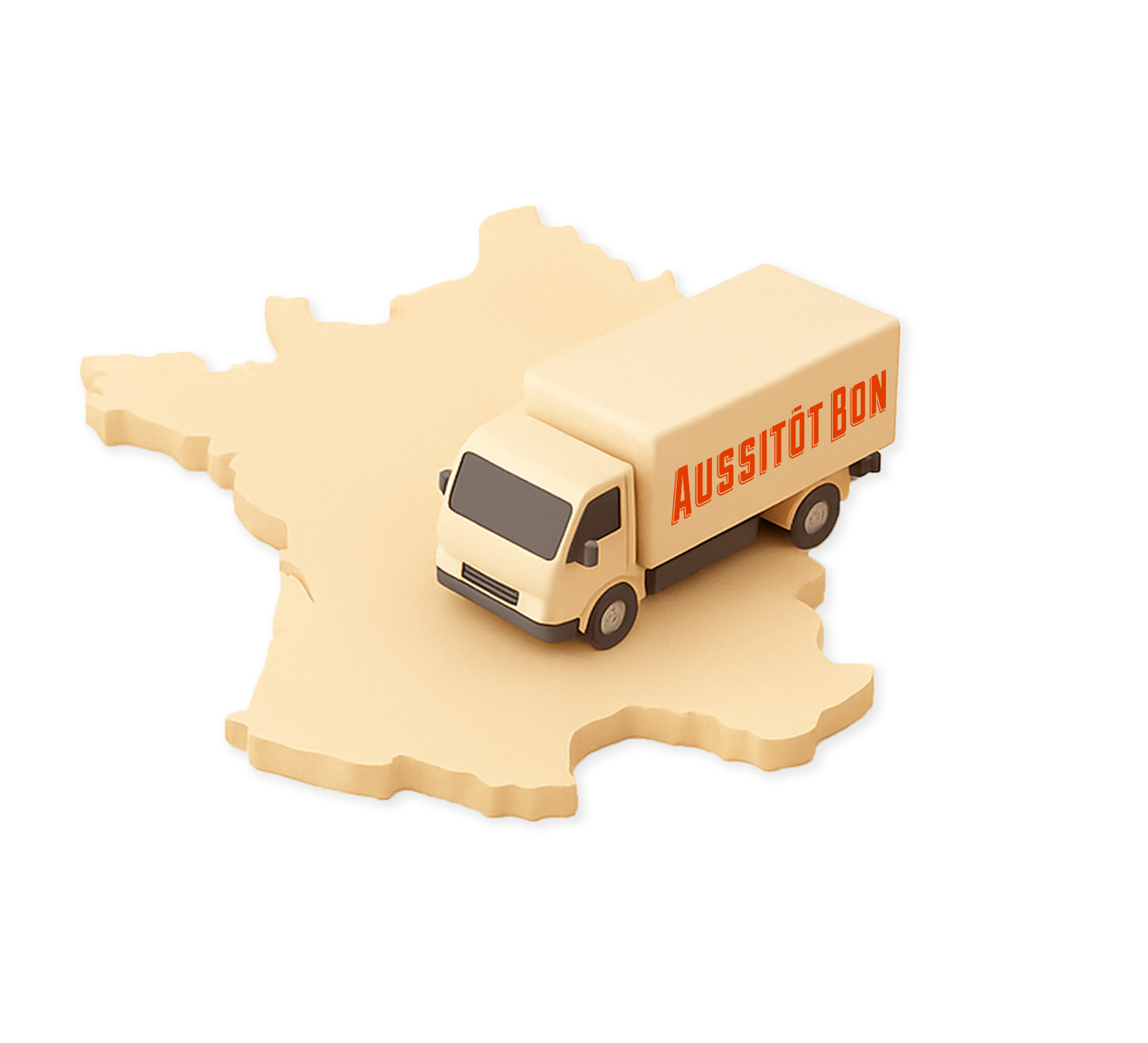 Camion de livraison beige avec l'inscription « Aussitôt Bon » sur le côté, posé sur une carte en relief de la France.