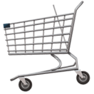 Chariot de supermarché métallique avec quatre petites roues sur fond blanc.