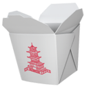 Boîte à dîner chinoise blanche avec un dessin rouge d'un pavillon traditionnel.