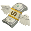 Paquet de billets de banque avec un symbole dollar, doté d'ailes blanches, semblant s'envoler.