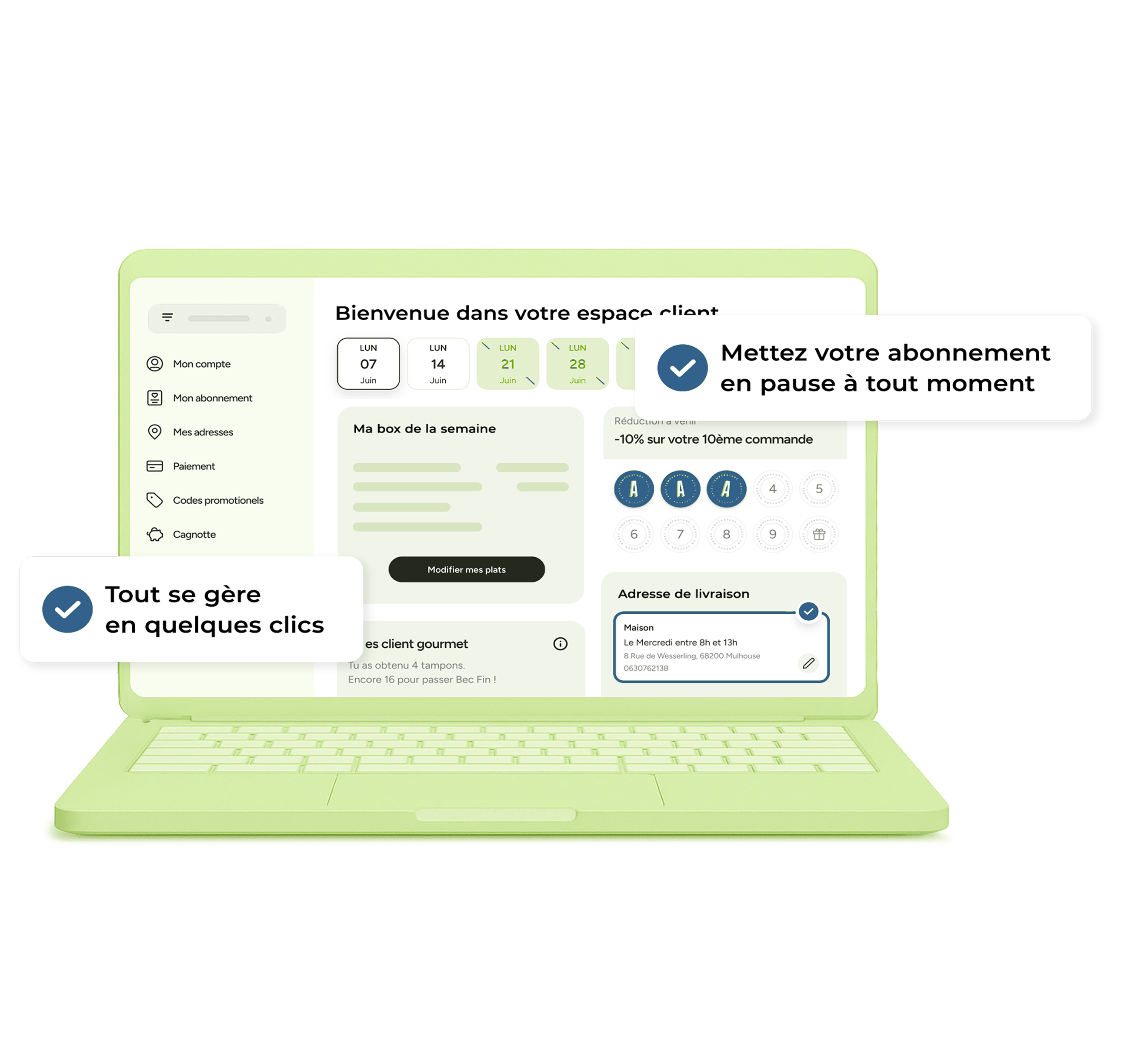 Écran d'ordinateur affichant un espace client avec menu de navigation, calendrier, paramètres de box hebdomadaire, adresse de livraison, et messages indiquant une gestion facile et la possibilité de mettre l'abonnement en pause.