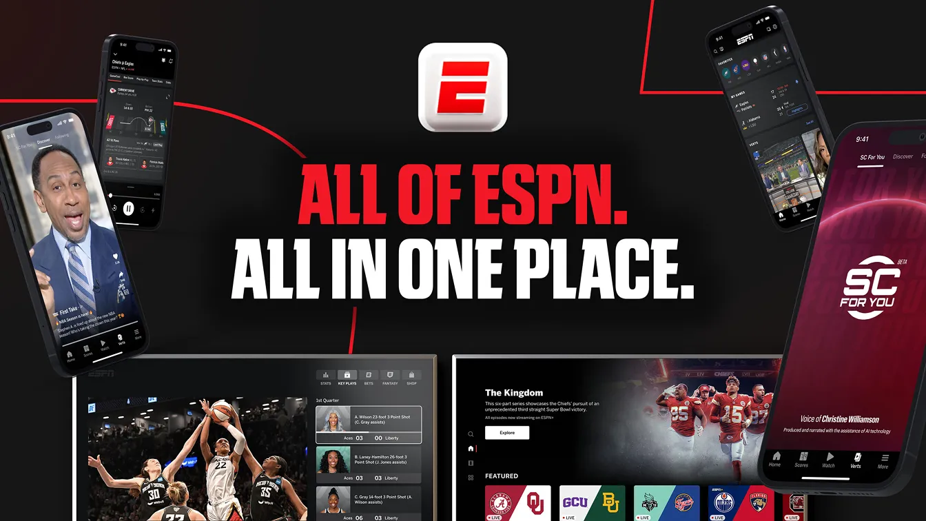ESPN products on phones and computers alongside text “All of ESPN. All in one place.” 
