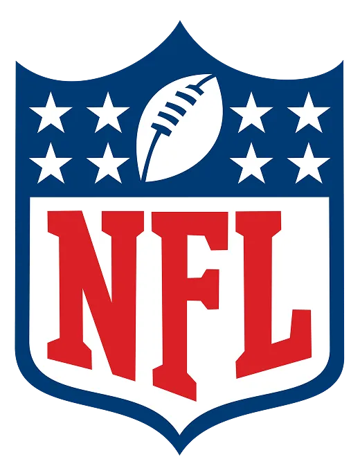 NFL logo featuring a blue shield with white stars, a white football, and red letters NFL.