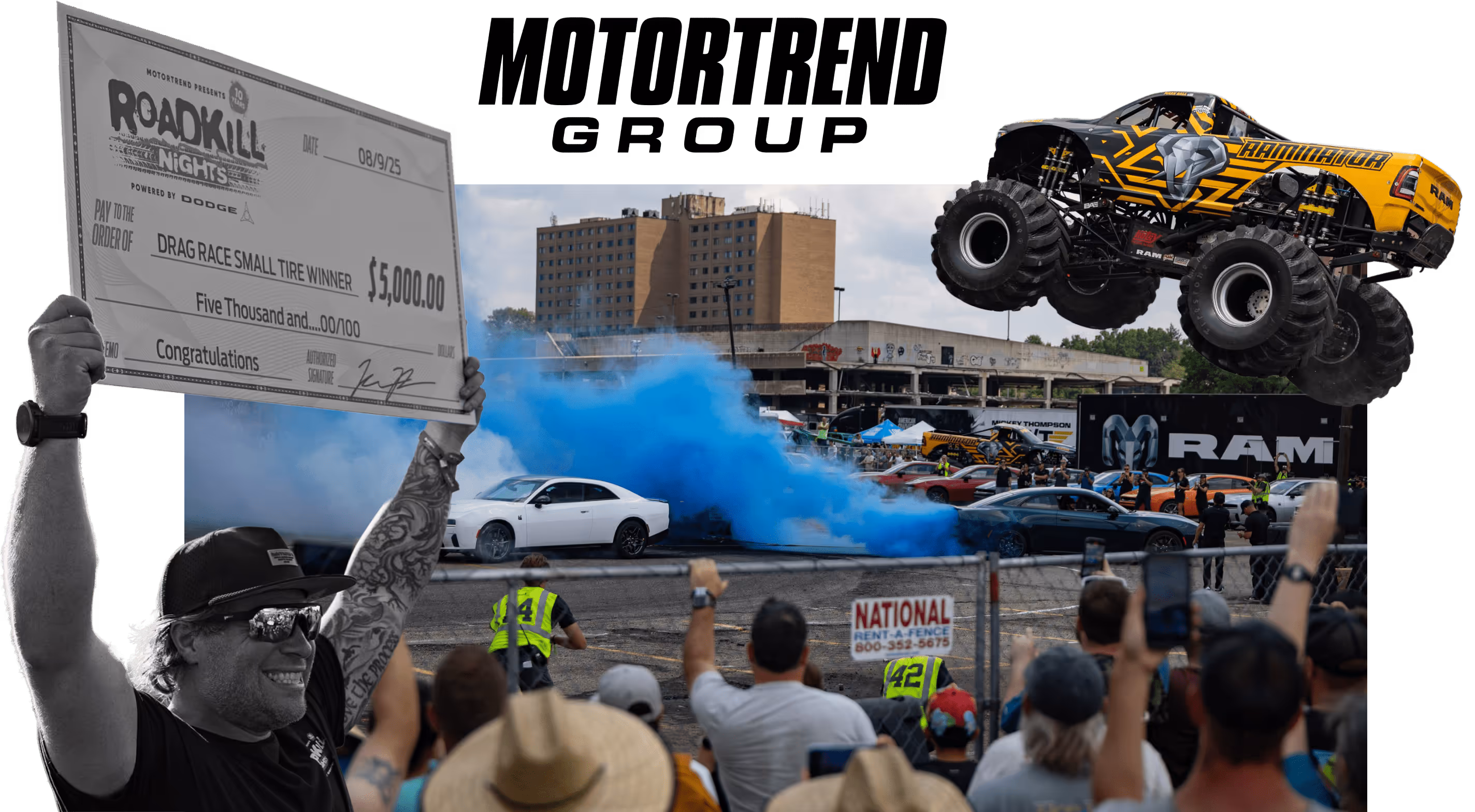 Collage che mostra il logo del gruppo MotorTrend, un uomo con un assegno, un monster truck in aria e persone che guardano uno spettacolo automobilistico.