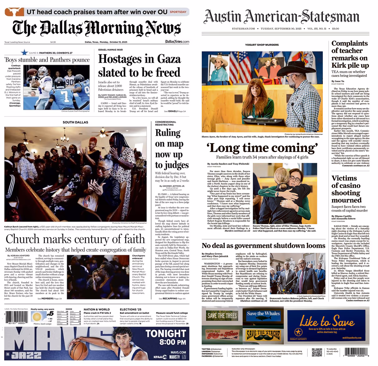Front pages of the Dallas Morning News and Austin American-Statesman.