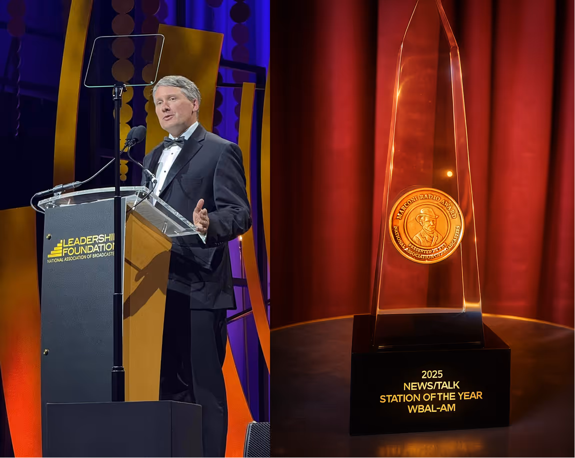 Collage of man at podium and award next to it. 
