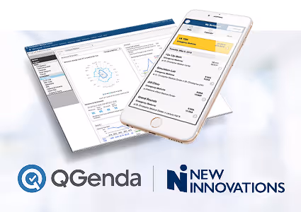 New Innovations interface on webpage and phone alongside logos for QGenda and New Innovations.  