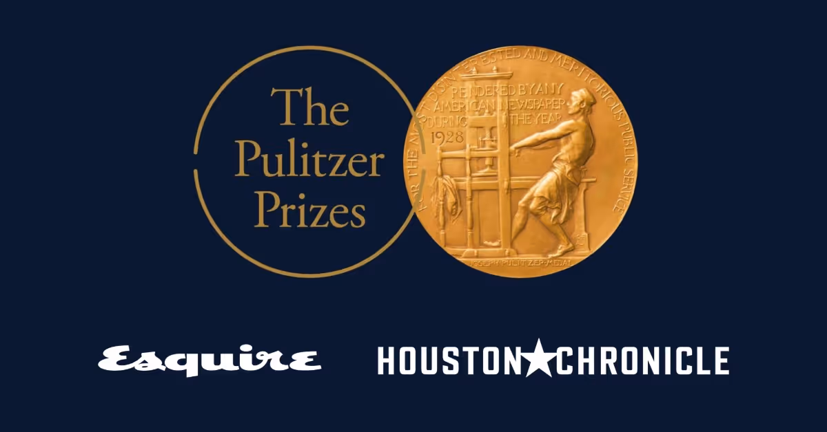 The Pulitzer Prizes logo with Esquire and Houston Chronicle logos below.