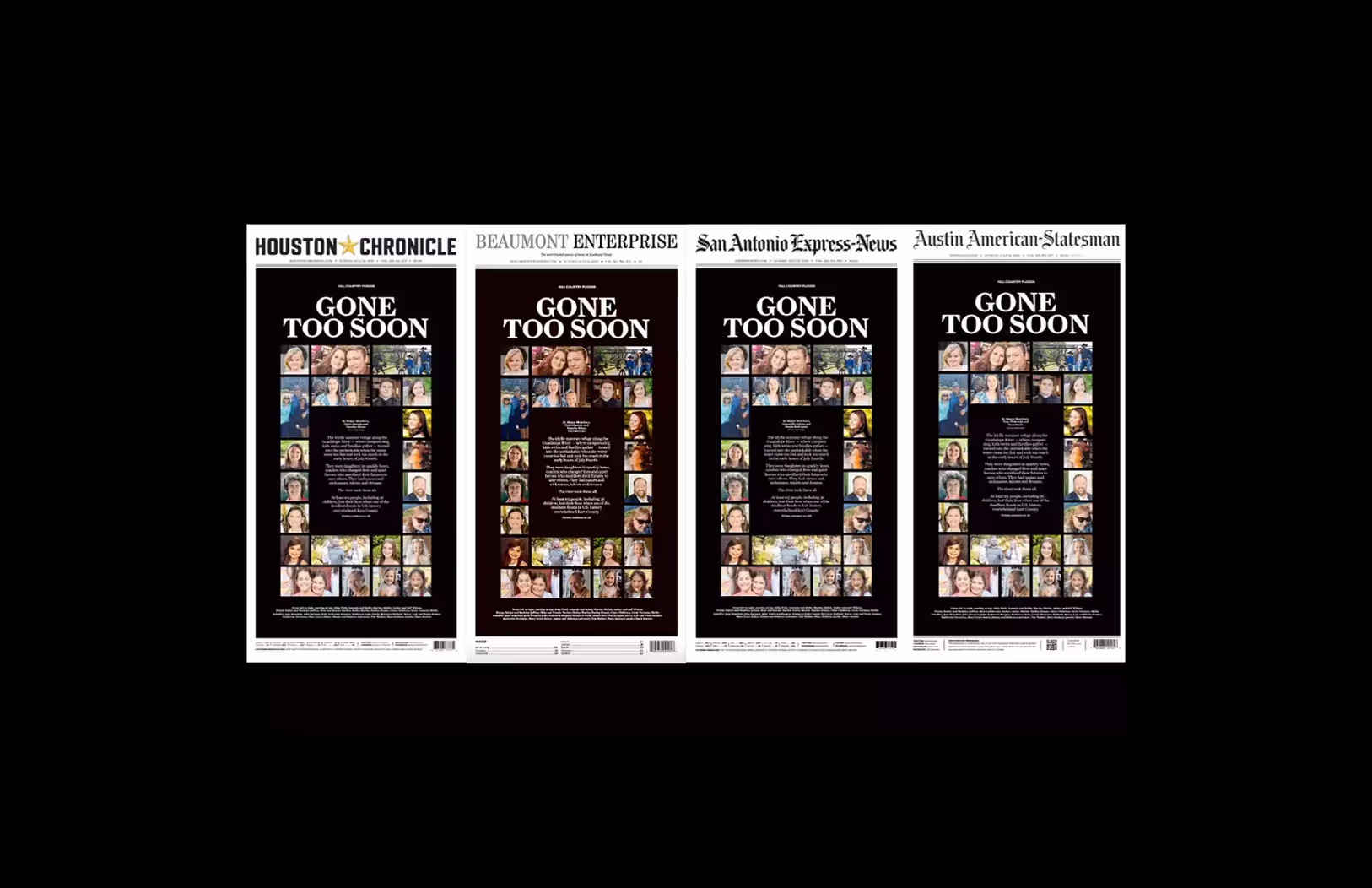 Still image of Hearst's Texas newspapers covering Hill Country victims over video.