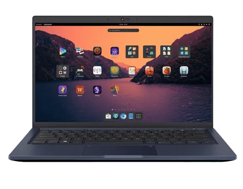 Open laptop showing a desktop with app icons arranged over a scenic sunset background of a lake surrounded by mountains.