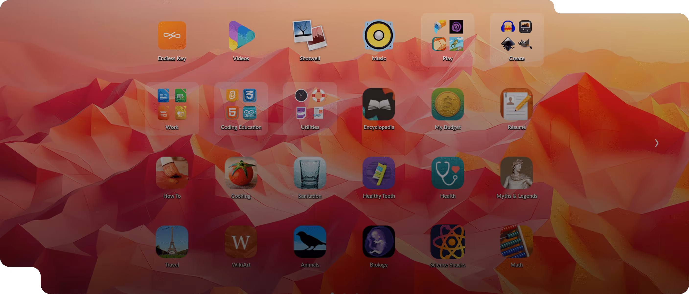 Computer desktop with colorful, geometric mountain-themed wallpaper and multiple app icons arranged in rows labeled with categories like Endless Key, Videos, Shotwell, Music, Play, Create, Work, Coding Education, Utilities, Encyclopedia, My Budget, Résumé, How To, Cooking, Sanitation, Healthy Teeth, Health, Myths & Legends, Travel, WikiArt, Animals, Biology, Science Snacks, and Math.