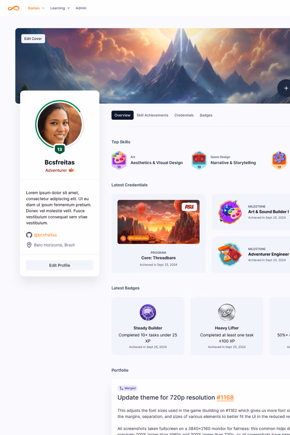 User profile page showing a profile photo of a smiling woman, username Bcsfreitas, skills in Aesthetics & Visual Design and Narrative & Storytelling, recent achievements, badges, and a portfolio update for 720p resolution theme.