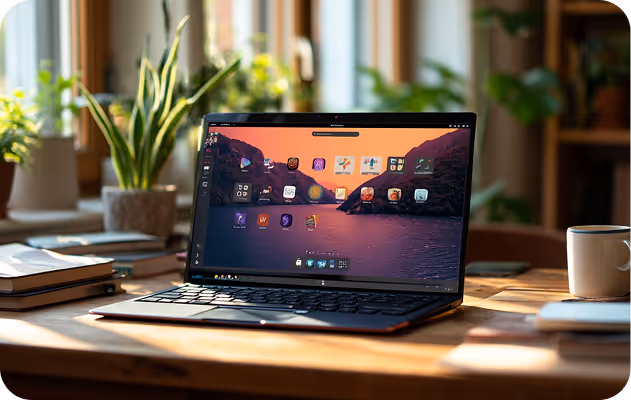 Laptop on a wooden desk with a sunrise-themed desktop wallpaper, surrounded by potted plants, books, and a coffee mug.