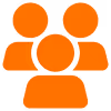 Orange icon representing a group of three people.