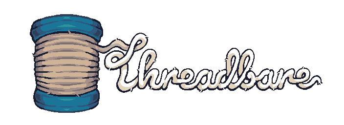 Logo with a spool of beige thread and the word 'Threadbare' written in cursive, connected to the thread.