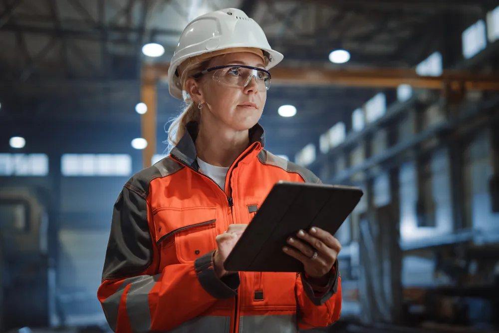 Engineer in a safety helmet and glasses using a tablet in an industrial facility