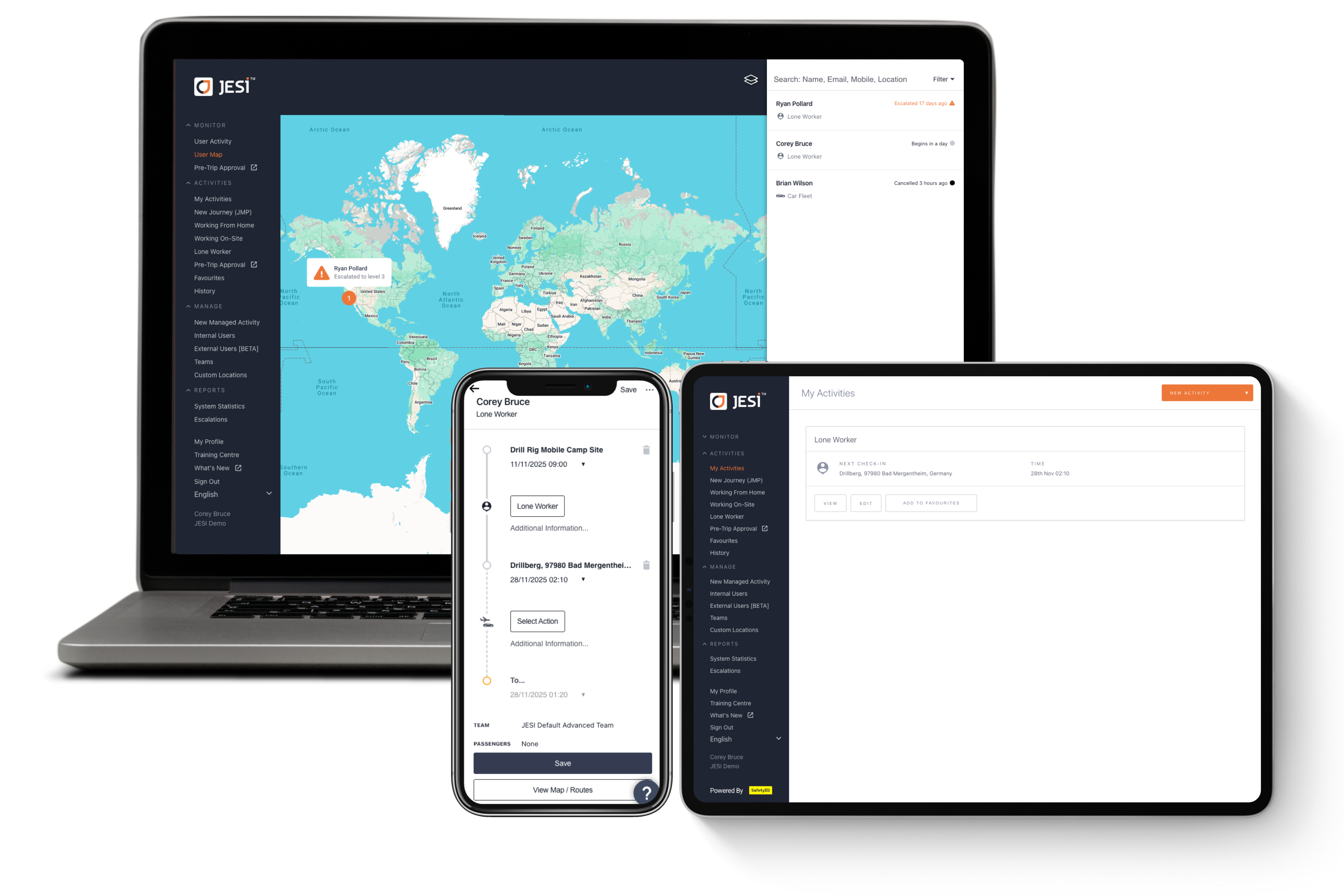 JESI lone worker safety software displayed on a laptop showing a world map with worker locations, a mobile phone displaying a worker's activity timeline, and a tablet with the My Activities screen.
