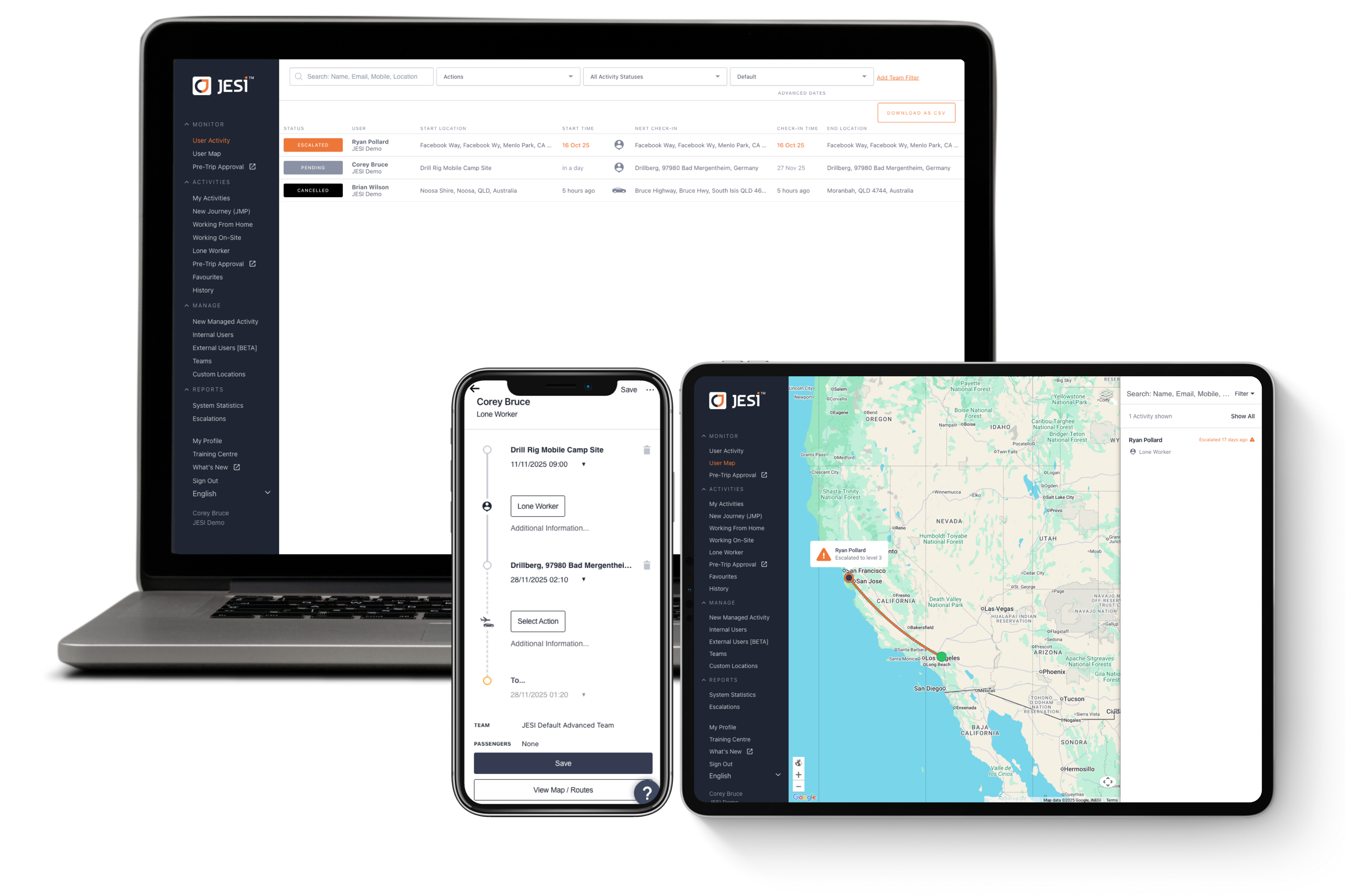 JESI software dashboard displayed on a laptop, with a user activity list; a mobile phone showing a lone worker's journey details; and a tablet displaying a map with tracked locations across California and surrounding states.