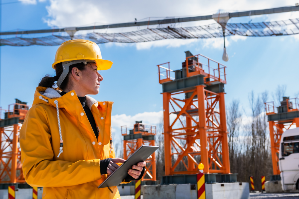 Construction worker in a yellow jacket and hard hat holding a tablet at a construction site with orange scaffolding and a crane.