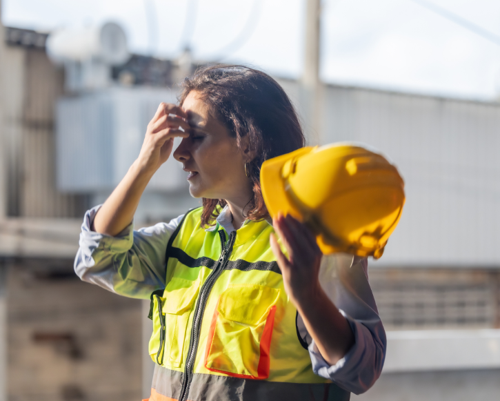 Female construction worker in a high-visibility vest holding a yellow helmet and touching her forehead, appearing tired or fatigued.