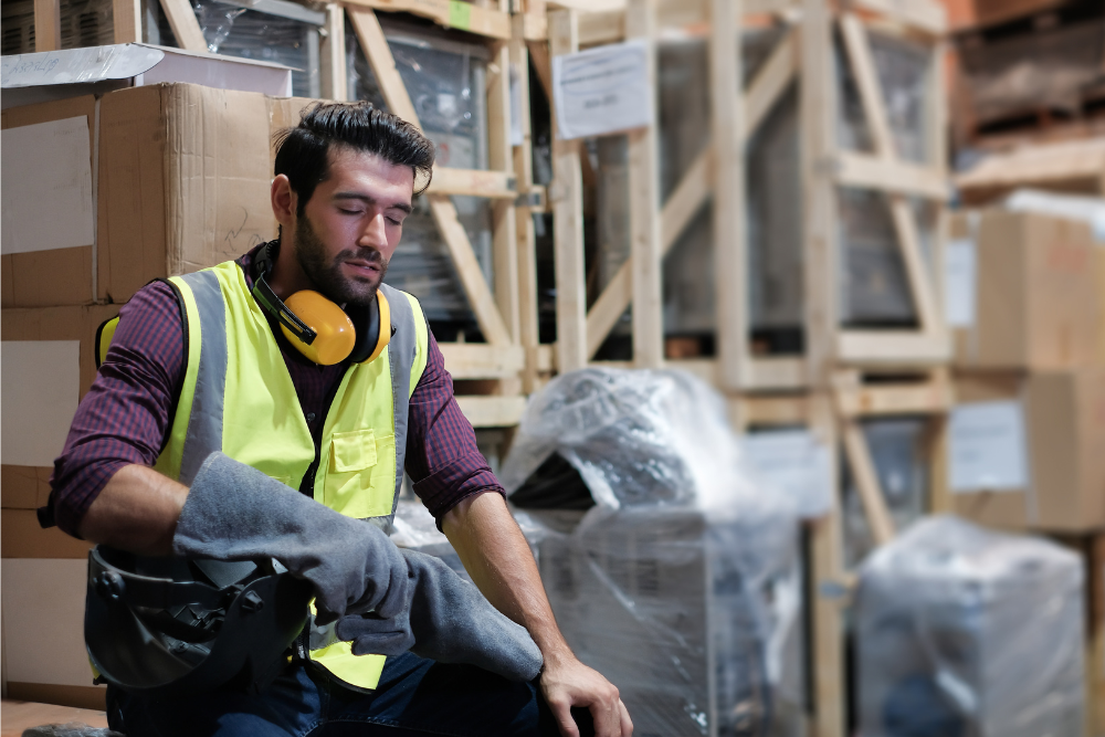Warehouse worker in safety vest and gloves sitting with eyes closed, appearing tired or stressed among stacked boxes.