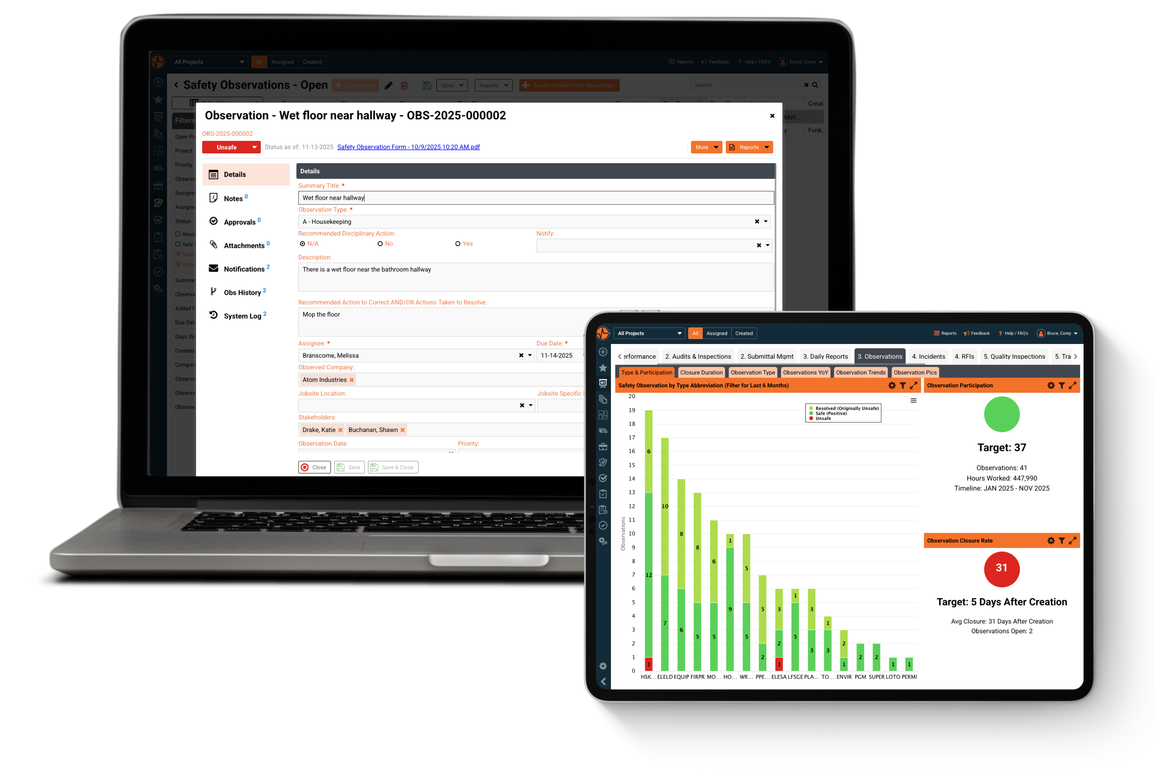 Laptop and tablet displaying safety observation software with open observation details and charts of safety observations data.