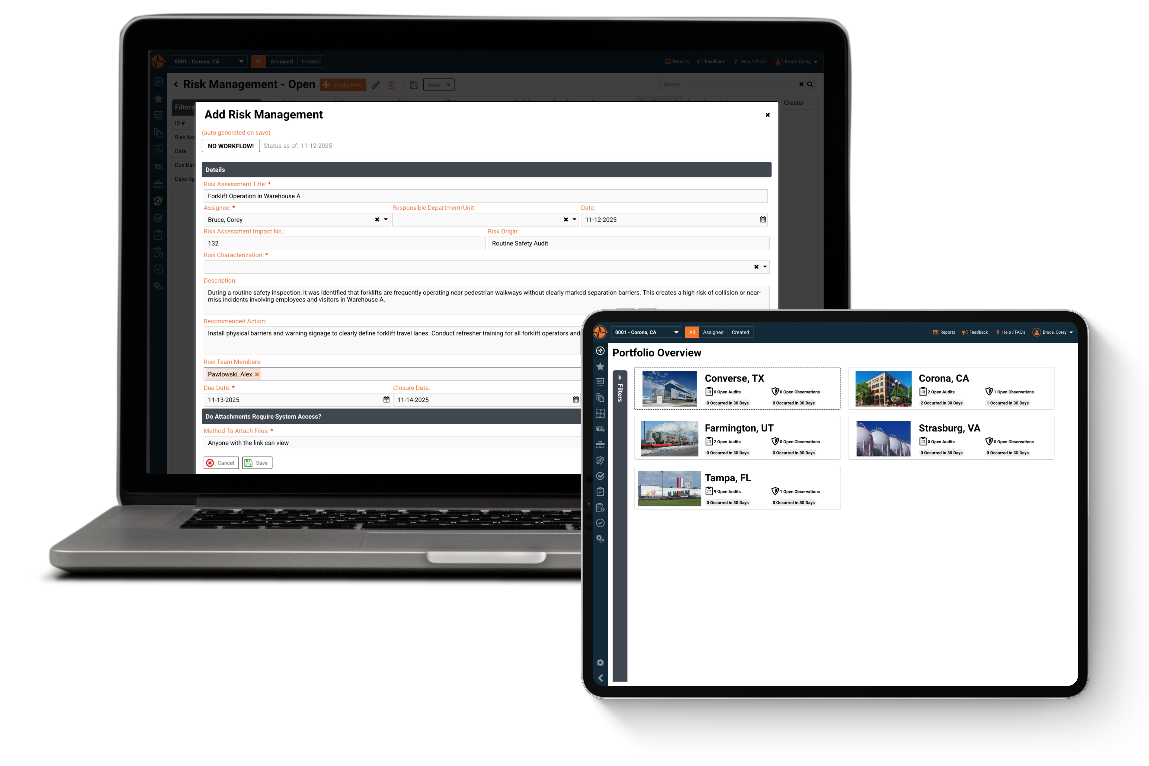 Laptop displaying a risk management form for forklift operation at Warehouse A and a tablet showing a portfolio overview of audit sites in Converse TX, Corona CA, Farmington UT, Strasburg VA, and Tampa FL.
