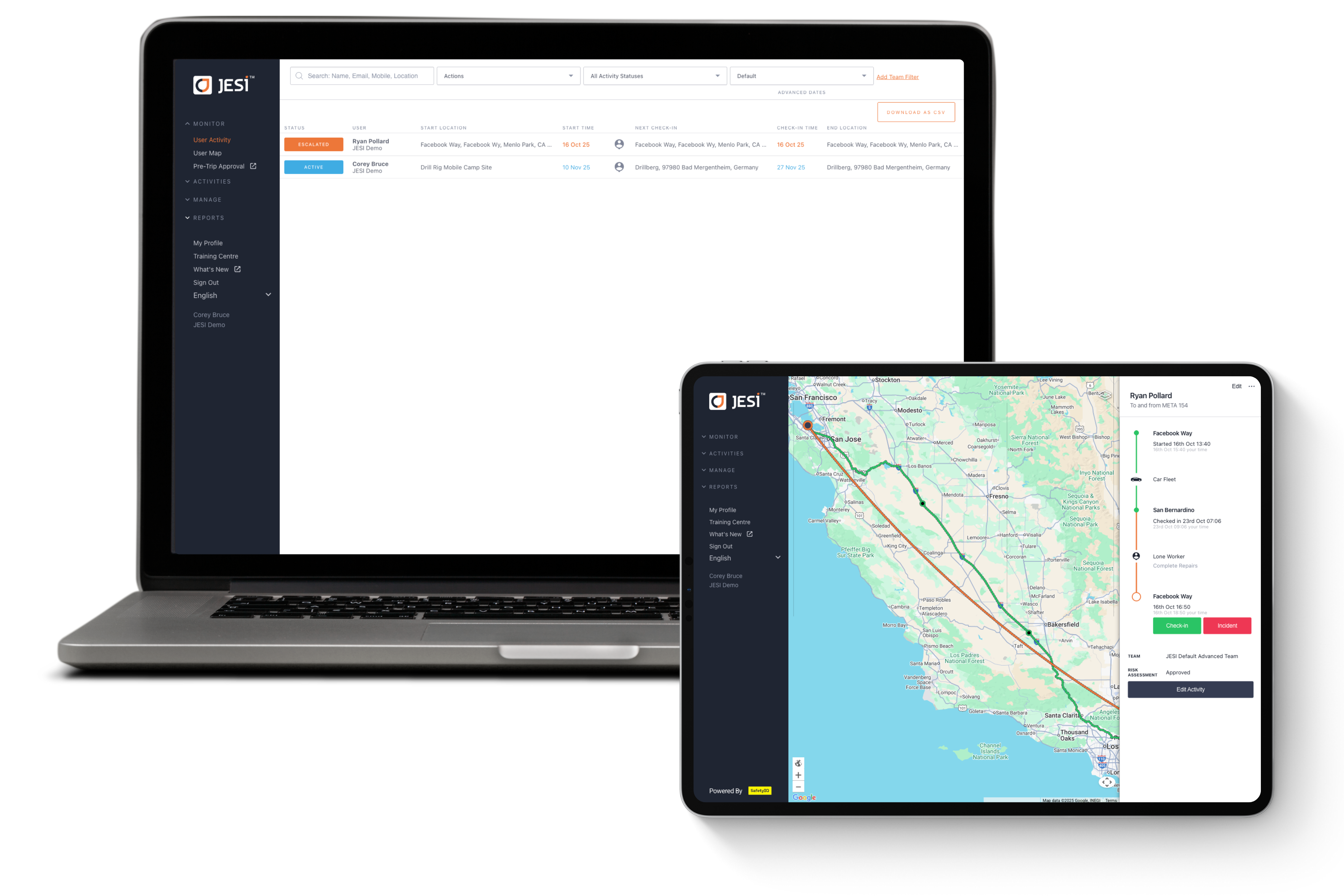 Laptop and tablet showing JESI safety software with user activity list and map tracking worker locations in California.