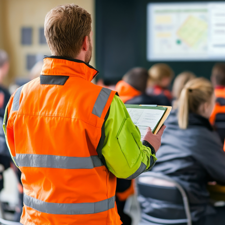 Man in orange and green high-visibility jacket holding a clipboard leading a safety training session with seated workers.
