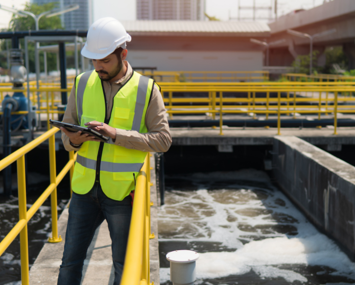 Engineer in a white helmet and yellow safety vest using a tablet at a water treatment facility.