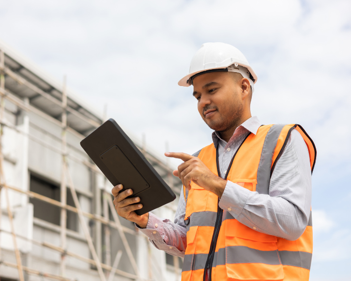 Construction worker wearing a white hard hat and an orange safety vest using a tablet at a building site.