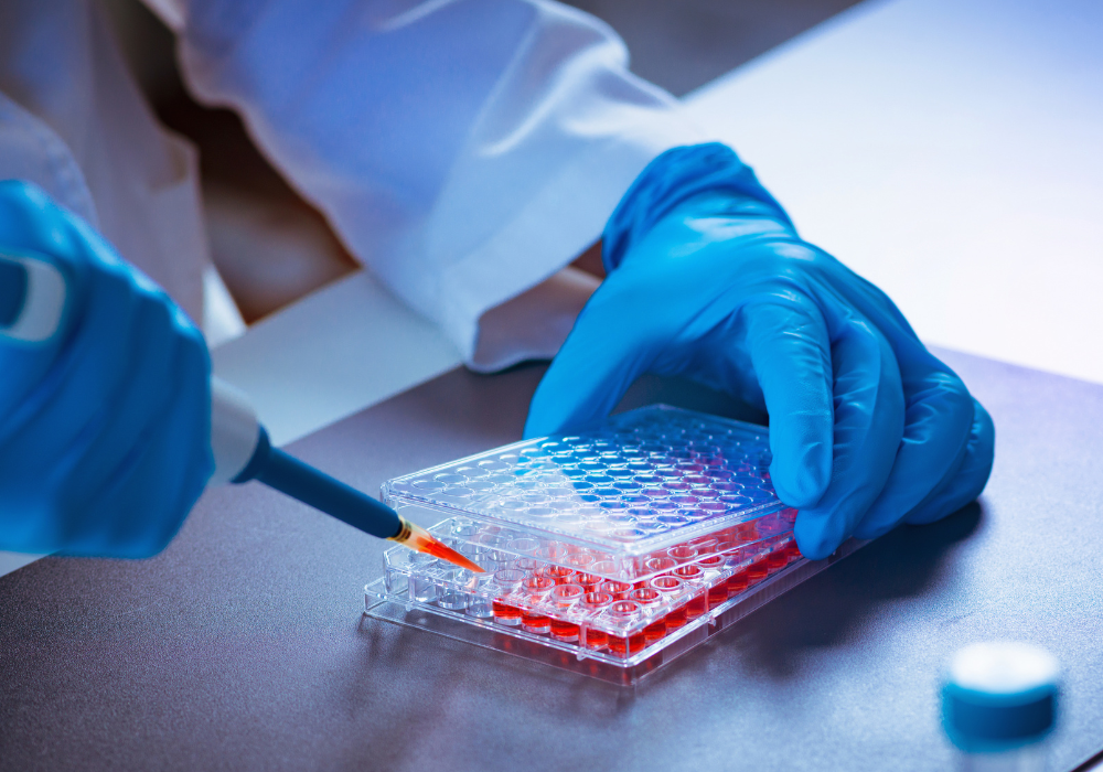 Scientist wearing blue gloves using a pipette to add red liquid into a well plate in a laboratory.