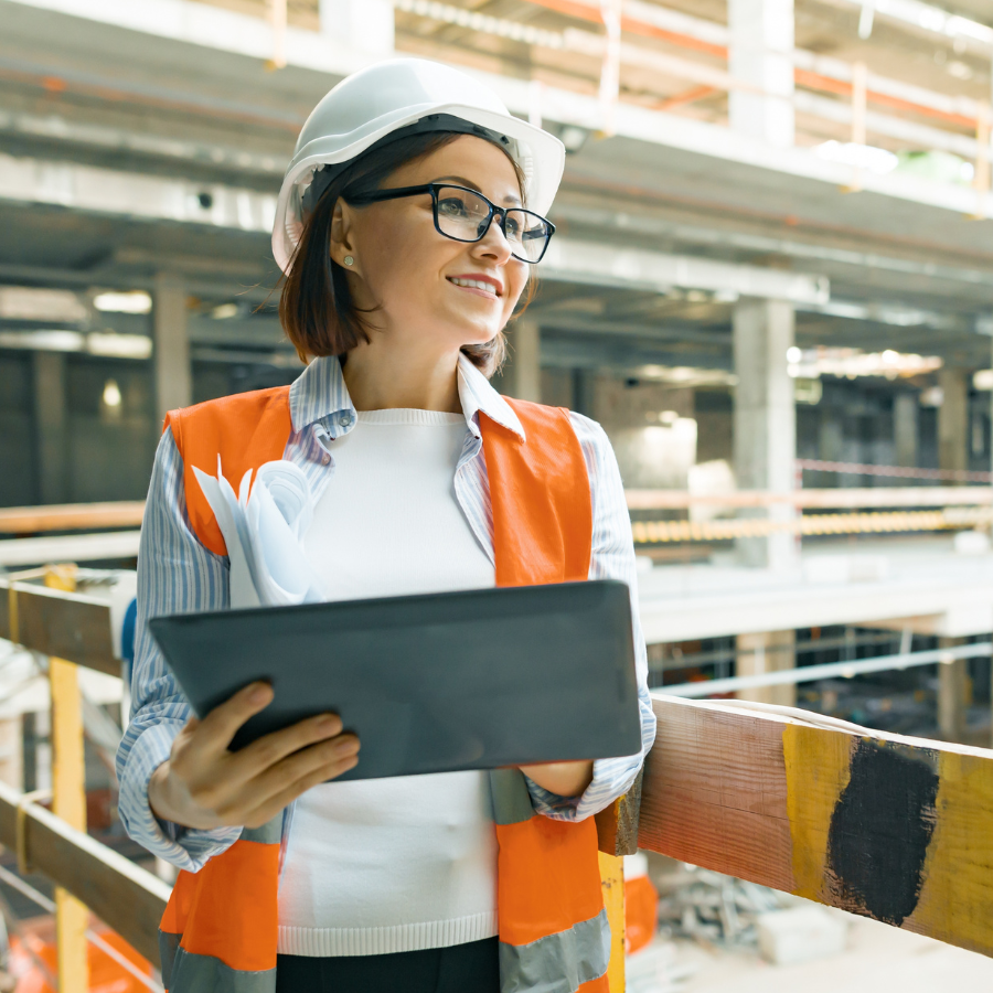 Female construction worker wearing a white hard hat and orange safety vest, holding a tablet and blueprints inside a building under construction.